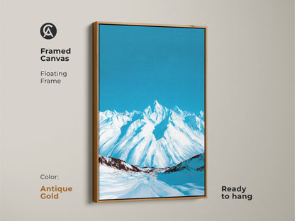 Antique gold framed canvas of an abstract snowy mountain. The deep blue sky makes it a striking winter landscape artwork. It's a contemporary art piece ready to hang and elevate your decor.