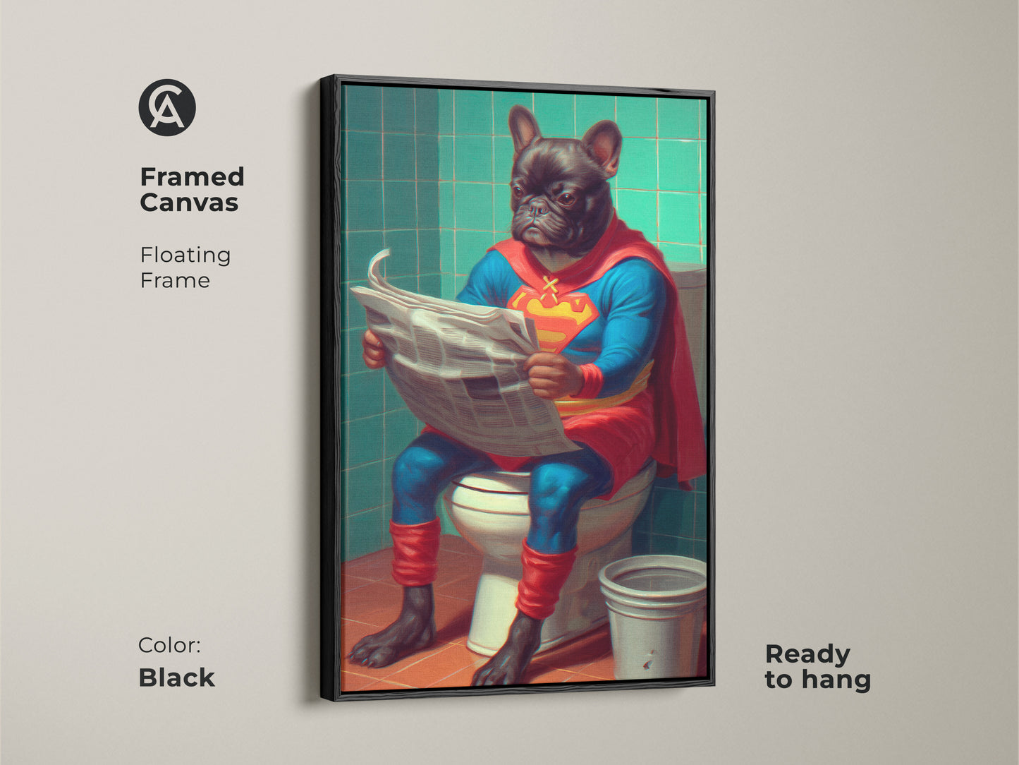 This framed canvas presents the French Bulldog superhero art with a floating frame in black. The quirky animal art is ready to hang adding a pop culture vibe to any room. Ideal eclectic bathroom wall art for dog lovers. This funny dog toilet print makes a great housewarming present