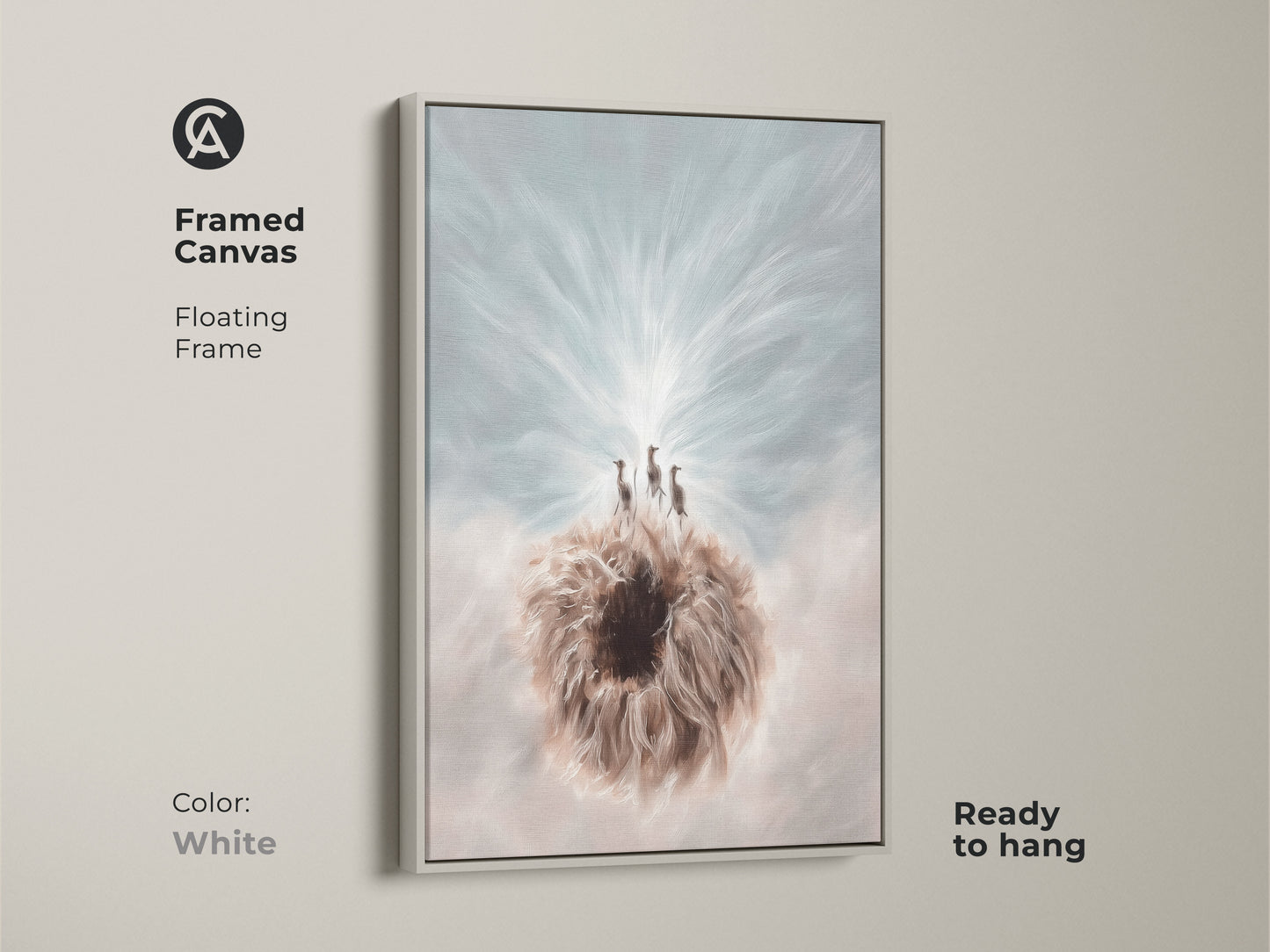 The framed canvas art piece features the Meerkat & Dandelion artwork and is shown in a white floating frame. This boho fantasy animal wall decor is ready to hang. A unique wall hanging for housewarmings.