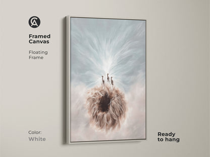 The framed canvas art piece features the Meerkat & Dandelion artwork and is shown in a white floating frame. This boho fantasy animal wall decor is ready to hang. A unique wall hanging for housewarmings.