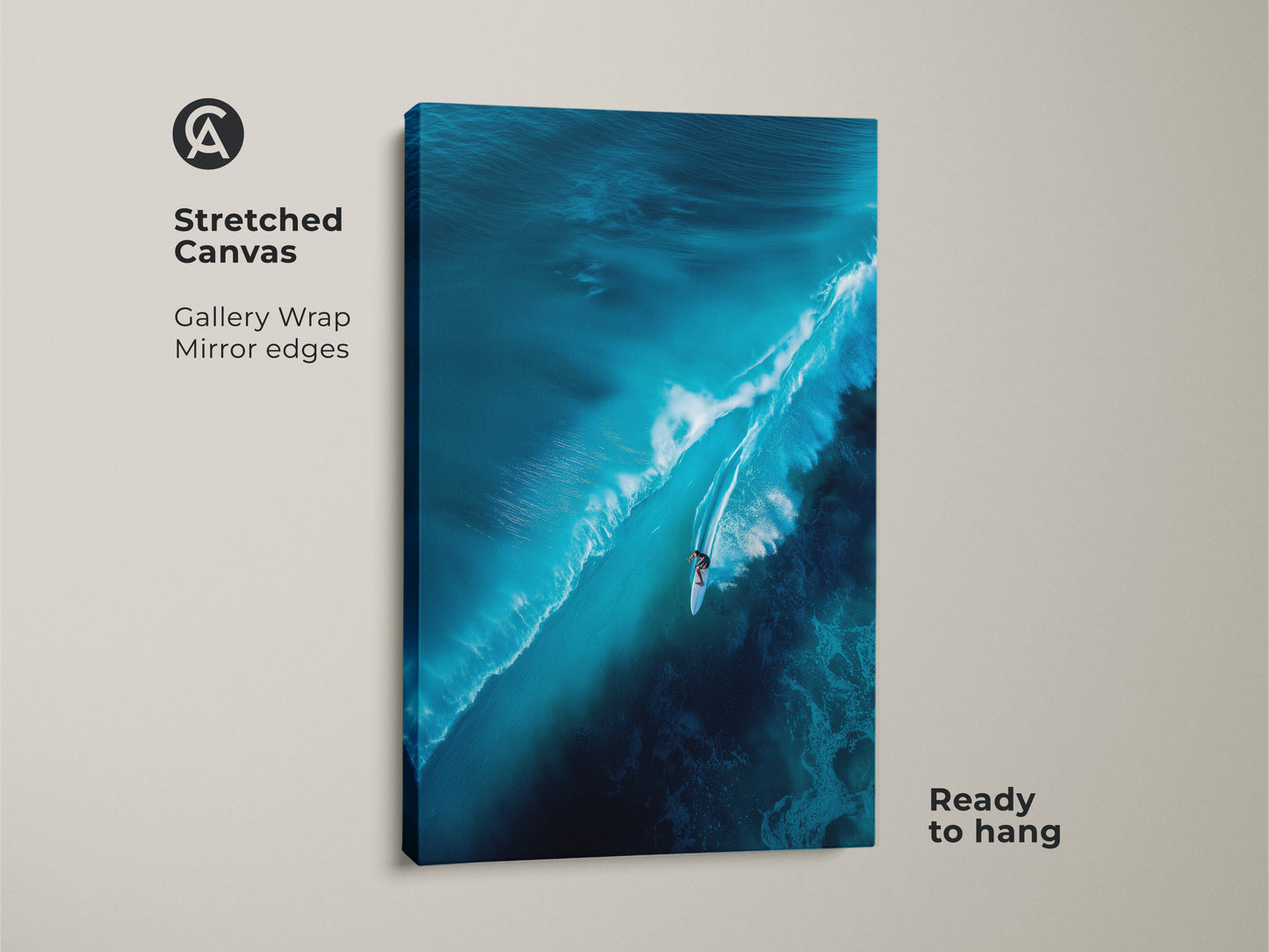 This stretched canvas artwork features a surfer riding a large wave. The gallery wrap has mirrored edges. This ocean art is ready to hang. It brings the beauty of the sea to your home decor with vibrant colors.