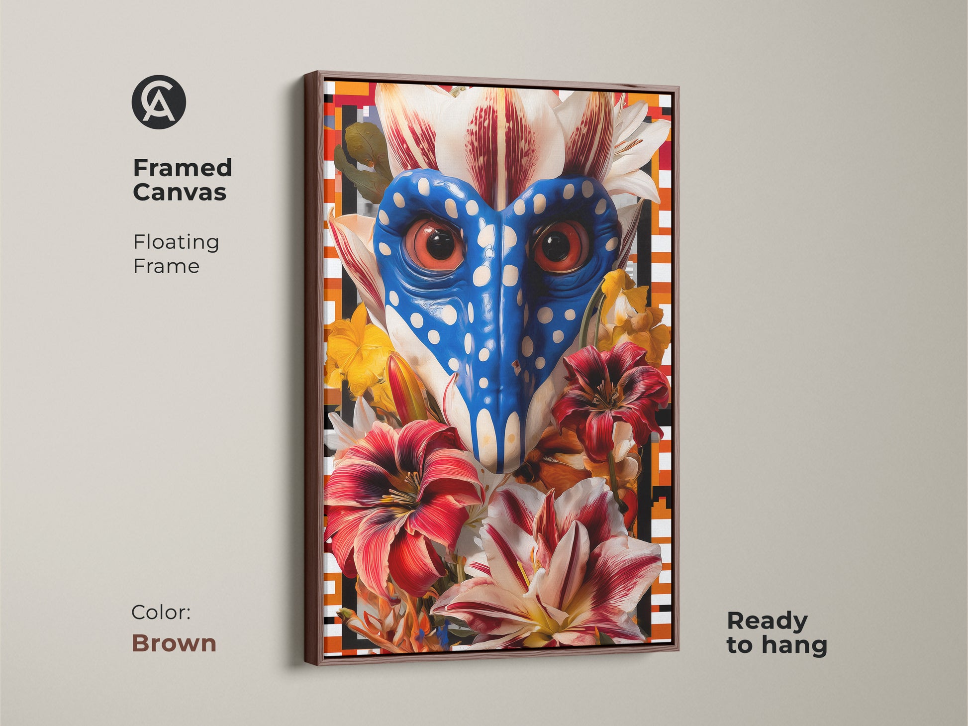 Enclosed in a brown floating frame this canvas shows a surreal mandrill face. It's a lily collage art print featuring blue red orange flowers. This framed eclectic animal wall decor is a unique pop art addition. Ready to hang.