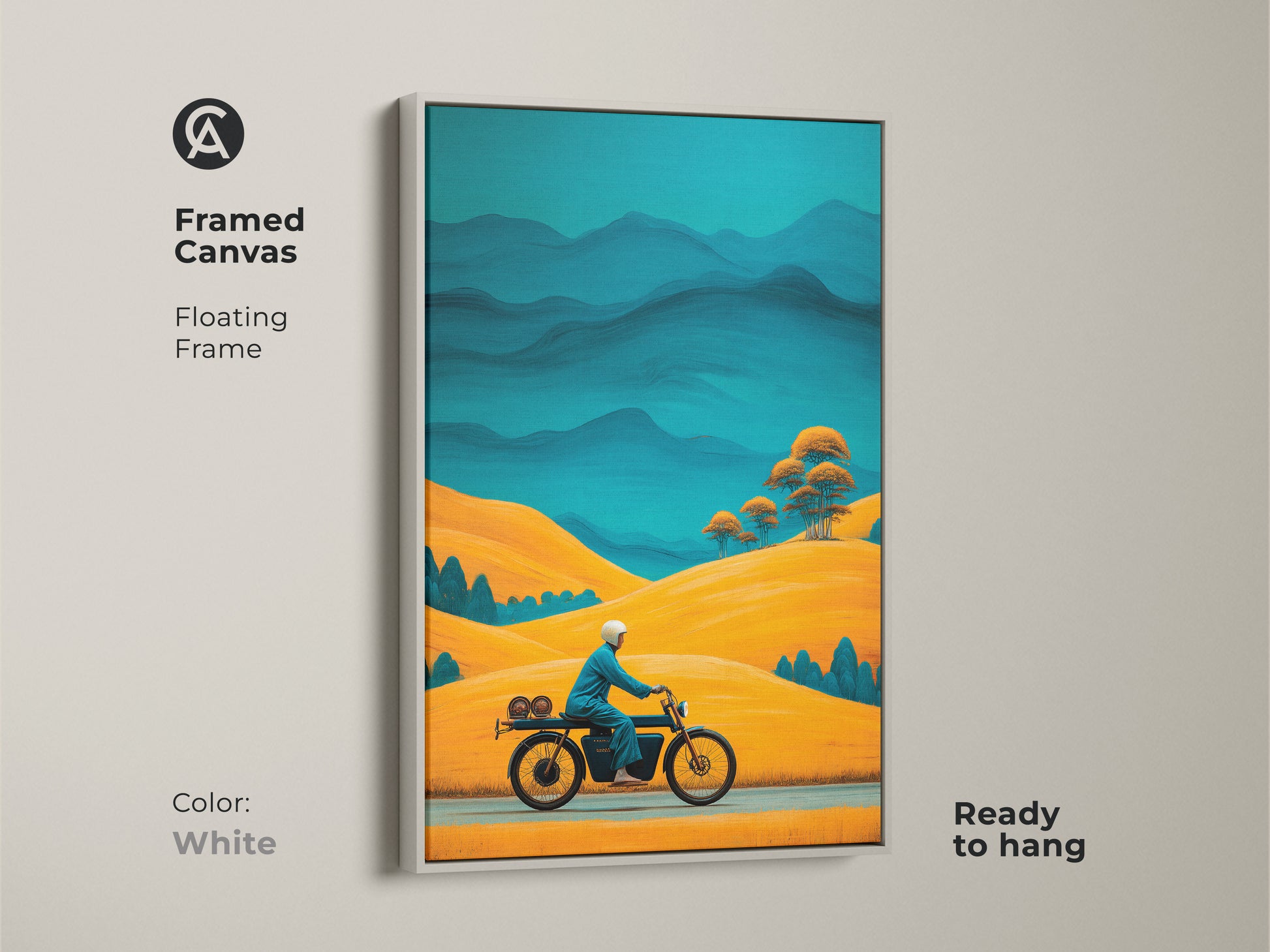 Framed canvas with a white floating frame. It features a retro motorcycle print. Golden yellow hills and teal blue mountains blend in this Mid-Century Modern artwork. Perfect adventure travel decor that's ready to hang for motorcycle enthusiasts.