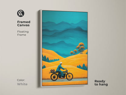 Framed canvas with a white floating frame. It features a retro motorcycle print. Golden yellow hills and teal blue mountains blend in this Mid-Century Modern artwork. Perfect adventure travel decor that's ready to hang for motorcycle enthusiasts.