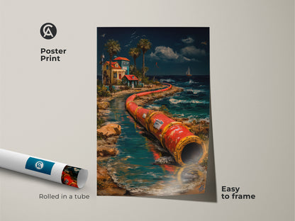 This is a surreal seascape canvas print poster. The industrial pipeline wall art arrives rolled in a protective tube ready to frame. This coastal home decor art print has red orange teal colors. Easy to frame it's ideal eclectic wall decor.