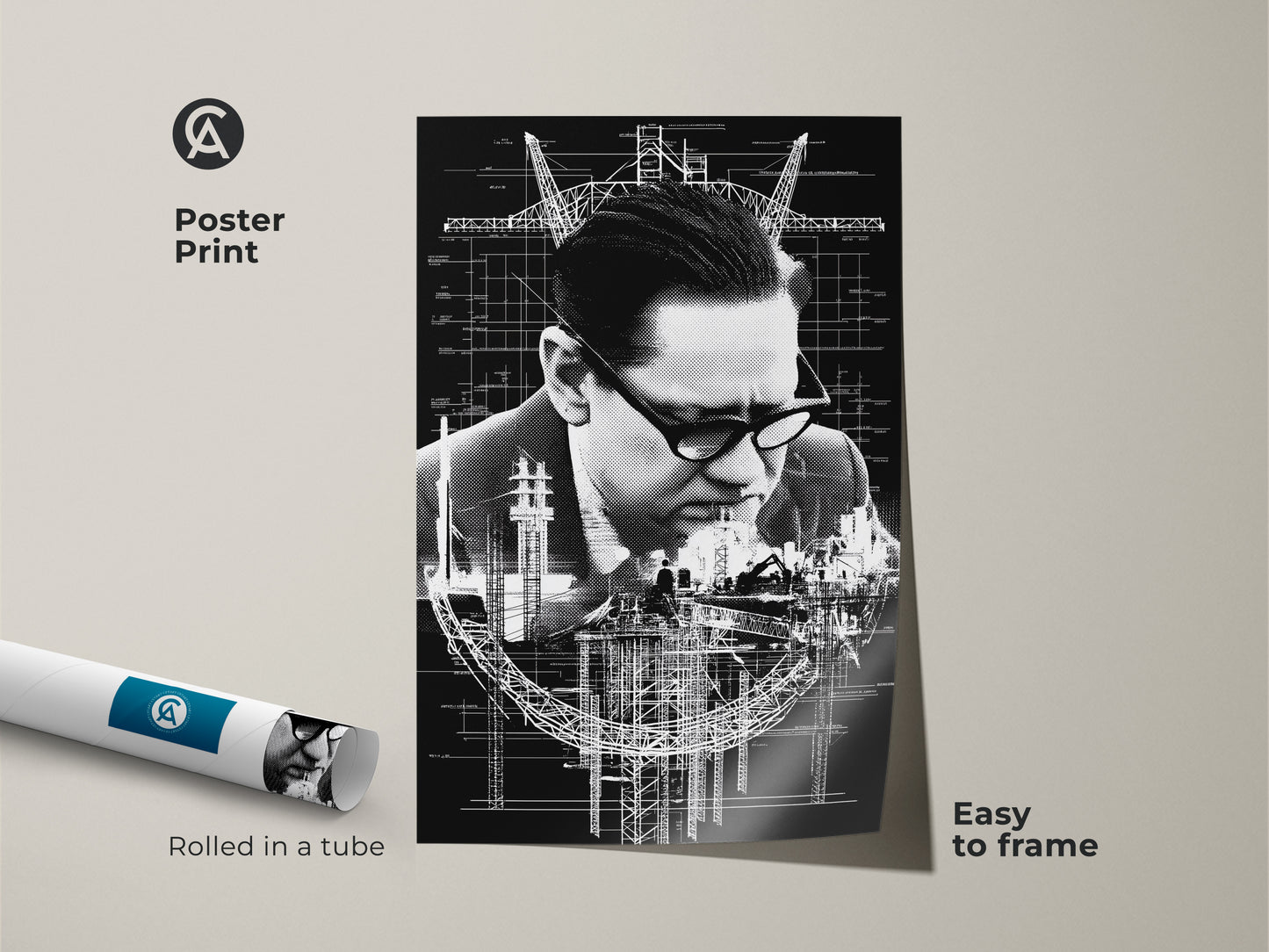 A poster print displays industrial blueprint art. The monochrome technical drawing canvas ships rolled in a tube. It's easy to frame for engineer office art. This architect gift idea suits minimalist office spaces.