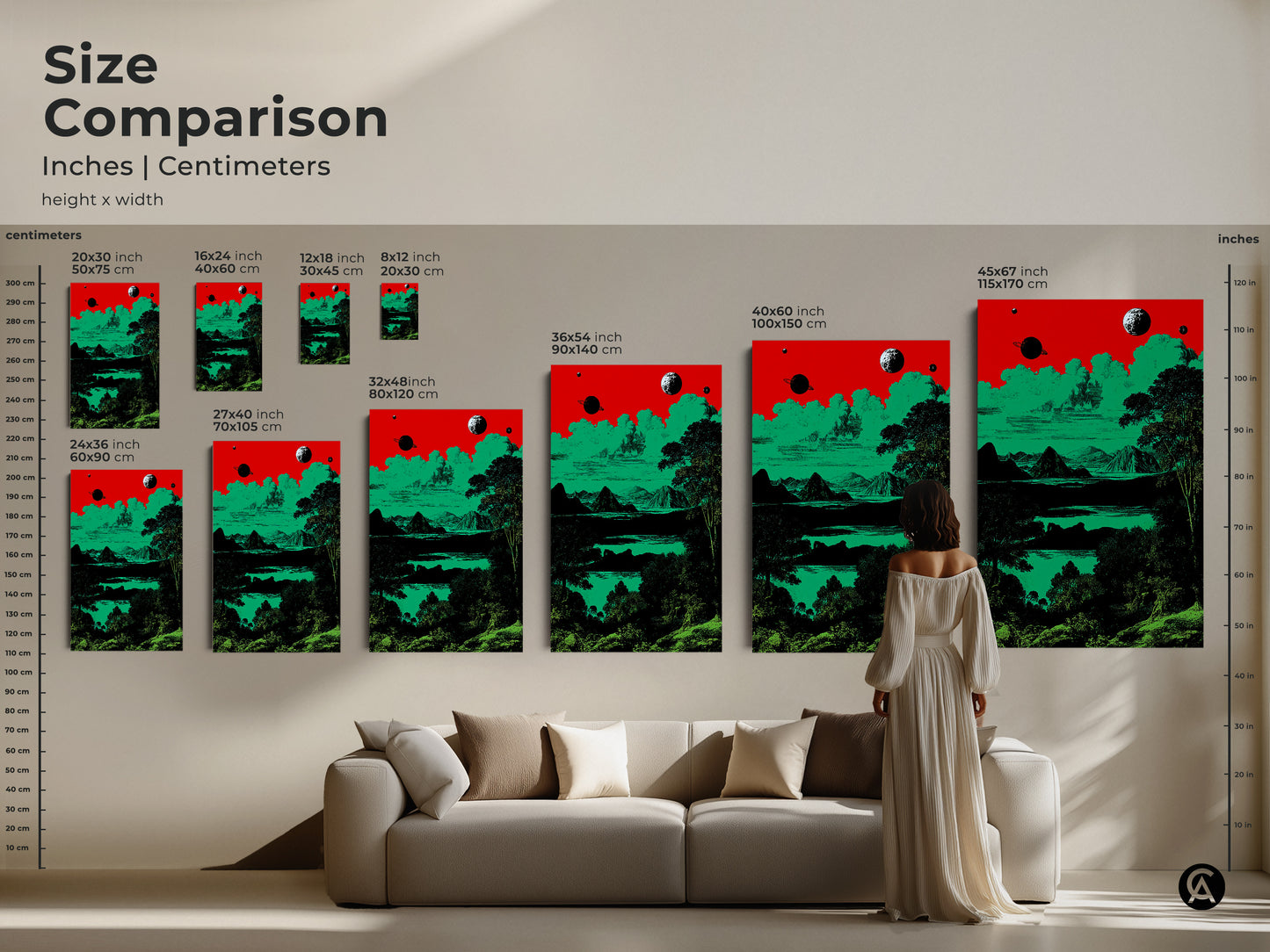 A size comparison showcases a surreal space landscape canvas and poster in inches and centimeters. The retro planets and mountains artwork uses red green and black. It provides a visual guide for selecting the right size. Great eclectic decor for sci-fi fans.