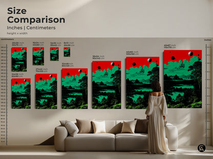 A size comparison showcases a surreal space landscape canvas and poster in inches and centimeters. The retro planets and mountains artwork uses red green and black. It provides a visual guide for selecting the right size. Great eclectic decor for sci-fi fans.