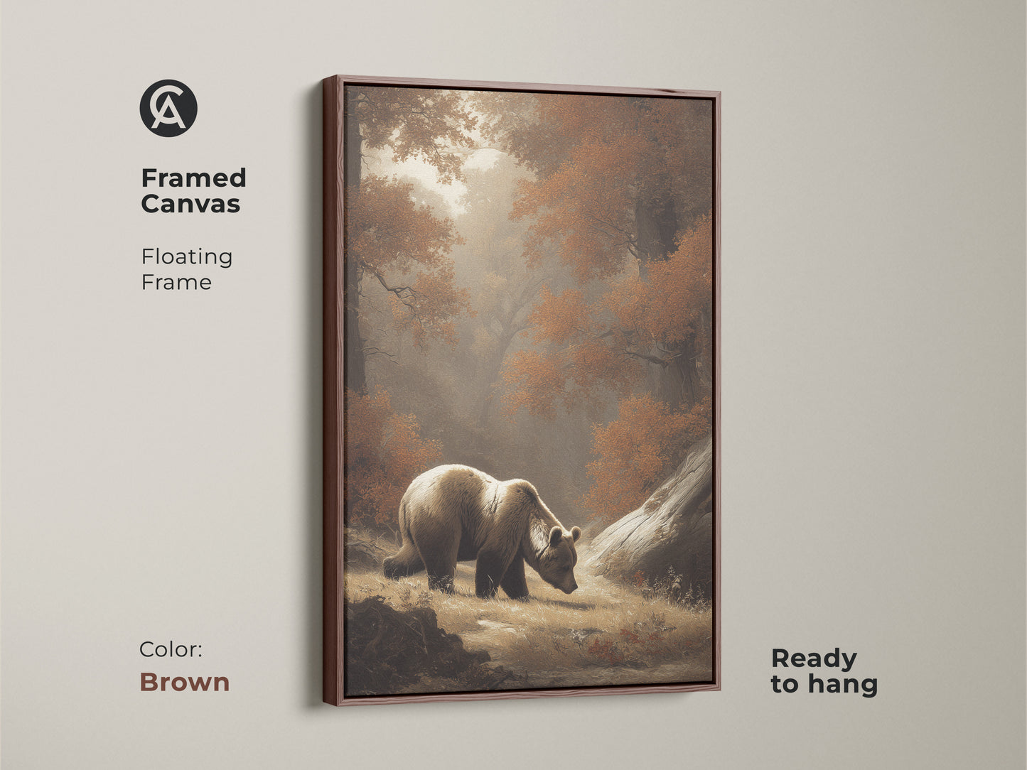 Framed canvas with a brown floating frame. This wildlife painting print features a bear in a rustic autumn forest. Ready to hang nature lover gift idea. The sepia tones create a warm feel. Perfect for traditional home decor.