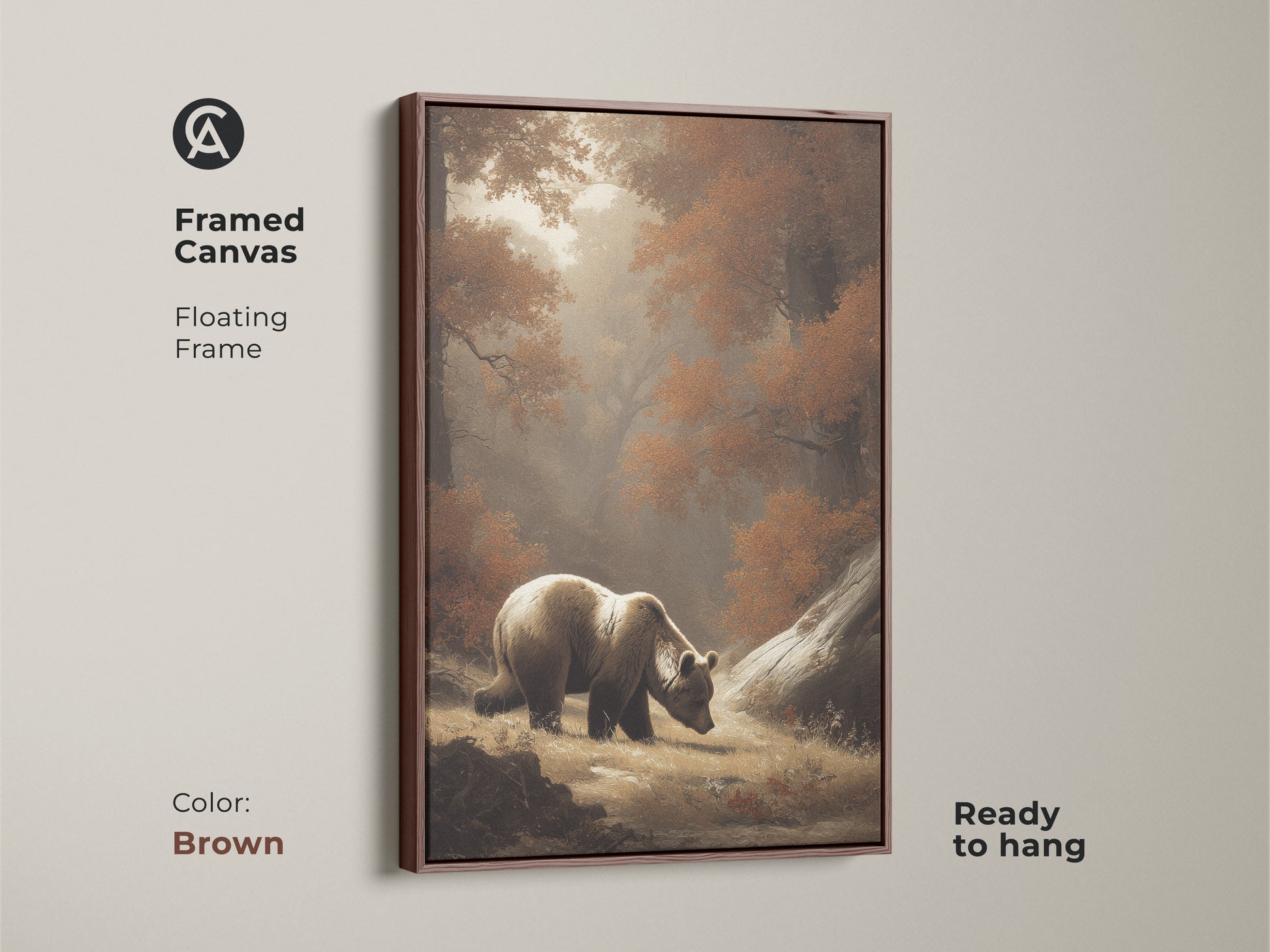 Framed canvas with a brown floating frame. This wildlife painting print features a bear in a rustic autumn forest. Ready to hang nature lover gift idea. The sepia tones create a warm feel. Perfect for traditional home decor.