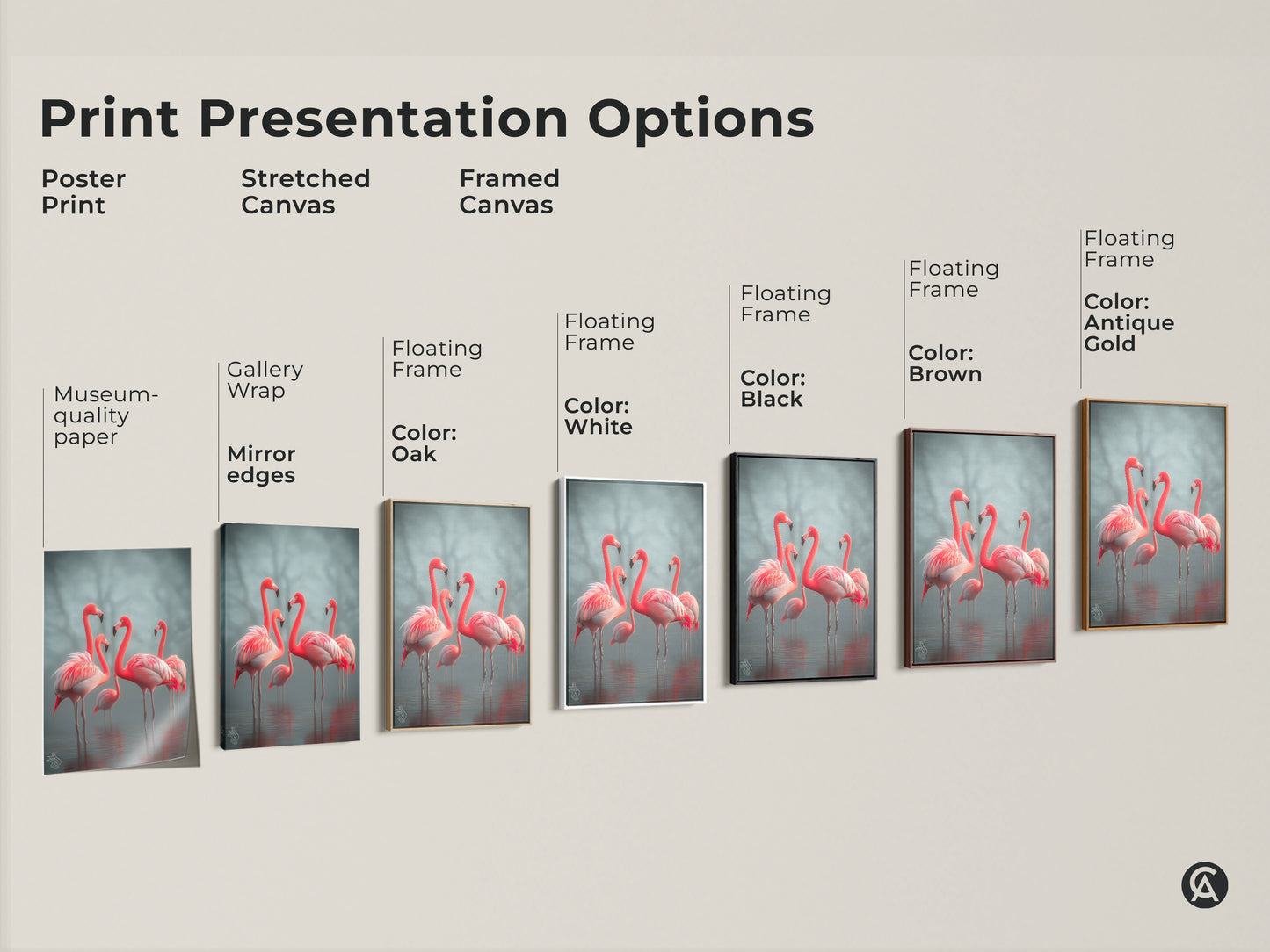 Explore print presentation options for flamingo art. Choose from poster print stretched canvas and framed canvas. Discover gallery wrap museum-quality paper and floating frame options. Personalize your coastal artwork with black brown white or antique gold frames. Perfect for bird lovers and nature inspired decor.