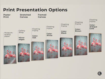Explore print presentation options for flamingo art. Choose from poster print stretched canvas and framed canvas. Discover gallery wrap museum-quality paper and floating frame options. Personalize your coastal artwork with black brown white or antique gold frames. Perfect for bird lovers and nature inspired decor.
