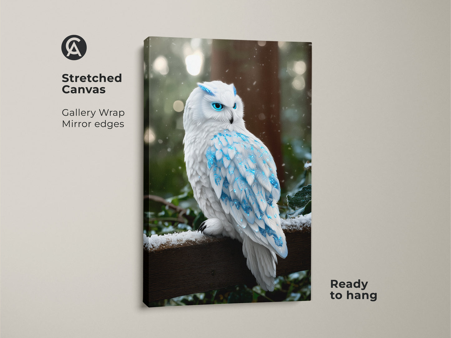 Gallery-wrapped stretched canvas featuring a blue crystal owl. Ready to hang this winter bird artwork is perfect wildlife wall decor. This fantasy art print brings a magical winter scene. Perfect animal lover gift.