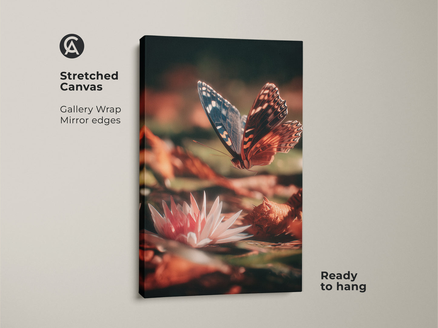 Stretched canvas gallery wrap featuring a butterfly and water lily. This macro insect photography captures the beauty of nature. The burnt orange and coral pink art print is ready to hang.