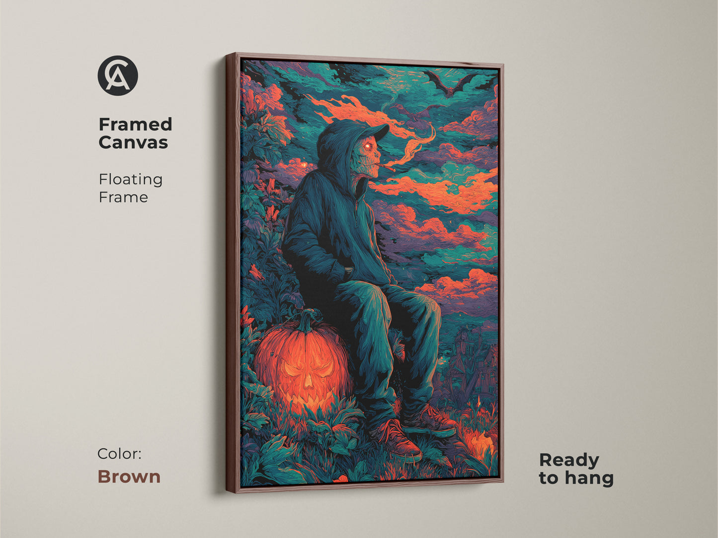 Framed canvas artwork showcasing a hooded figure perched on a glowing jack-o'-lantern. The brown floating frame enhances the Halloween aesthetic. The canvas is ready to hang. It adds a spooky touch to any room's decor. 