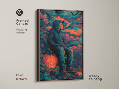 Framed canvas artwork showcasing a hooded figure perched on a glowing jack-o'-lantern. The brown floating frame enhances the Halloween aesthetic. The canvas is ready to hang. It adds a spooky touch to any room's decor. 