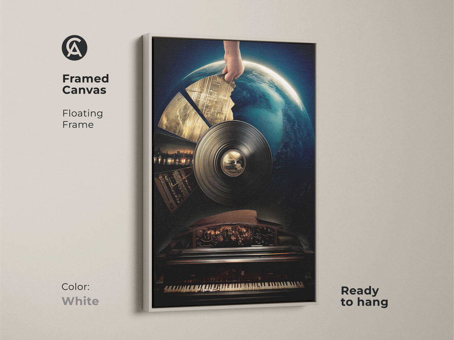 Framed canvas art with a white floating frame displays surreal vinyl record music art. This conceptual piano art includes earth elements. Deep blue gold artwork enhances an eclectic home offering a ready-to-hang music lover gift.