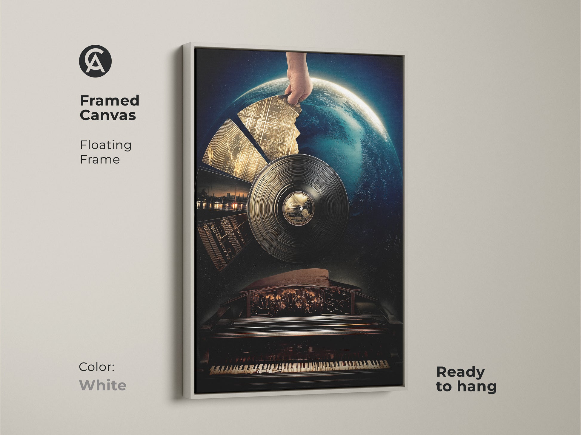 Framed canvas art with a white floating frame displays surreal vinyl record music art. This conceptual piano art includes earth elements. Deep blue gold artwork enhances an eclectic home offering a ready-to-hang music lover gift.