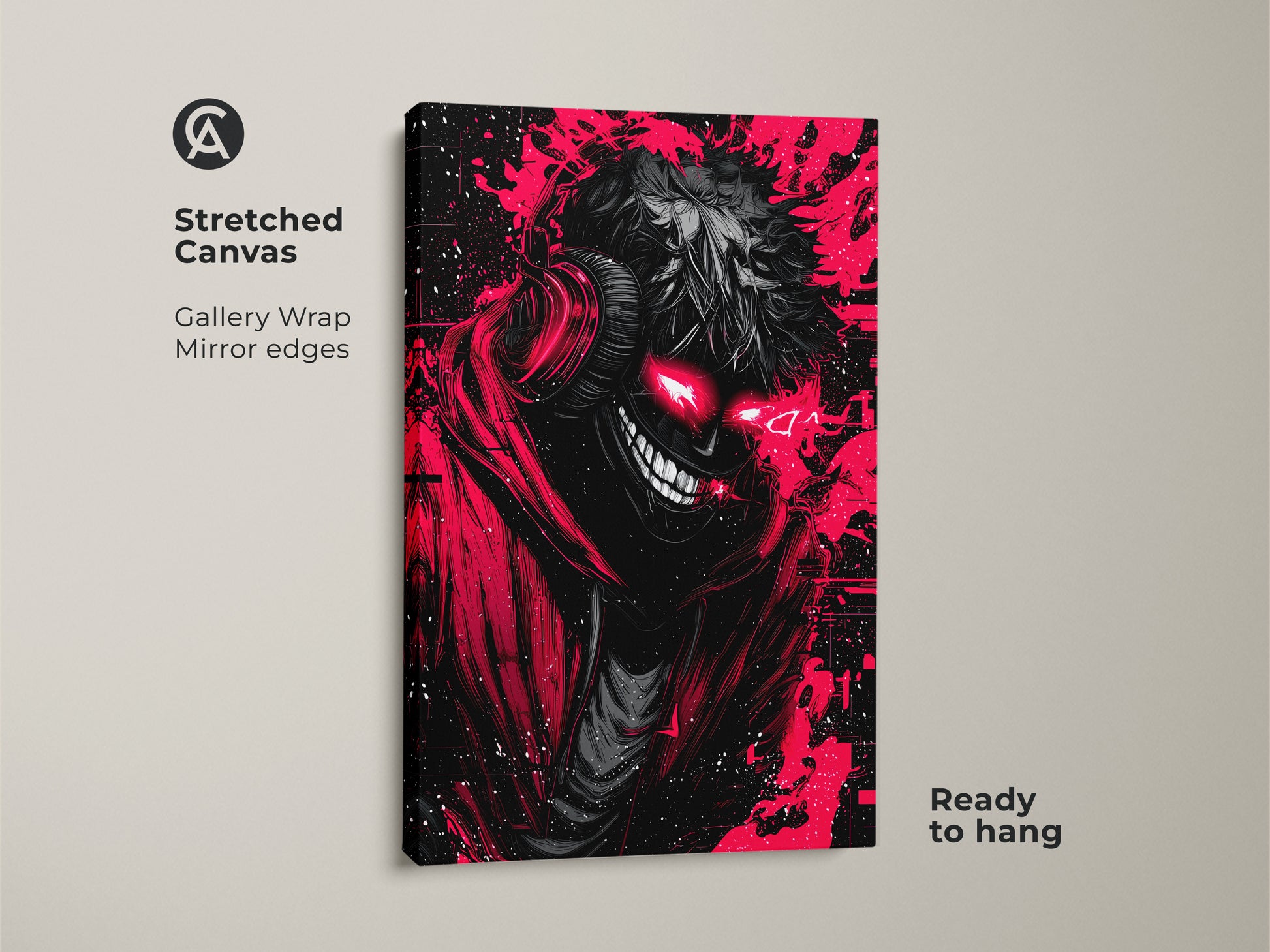 Stretched canvas showcasing a red and black demon artwork. The gallery wrap has mirrored edges. This ready-to-hang canvas features a grinning demon with glowing red eyes. Buy now.