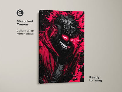 Stretched canvas showcasing a red and black demon artwork. The gallery wrap has mirrored edges. This ready-to-hang canvas features a grinning demon with glowing red eyes. Buy now.