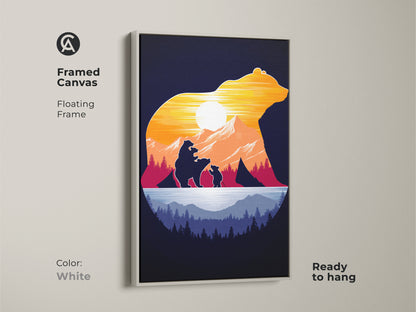 Framed canvas in white displays the bear family silhouette art. The floating frame accentuates the mountain sunset artwork. Ready to hang this rustic silhouette art is an excellent gift. The vibrant orange yellow and blue hues brighten any room. It's perfect nature inspired wall decor.
