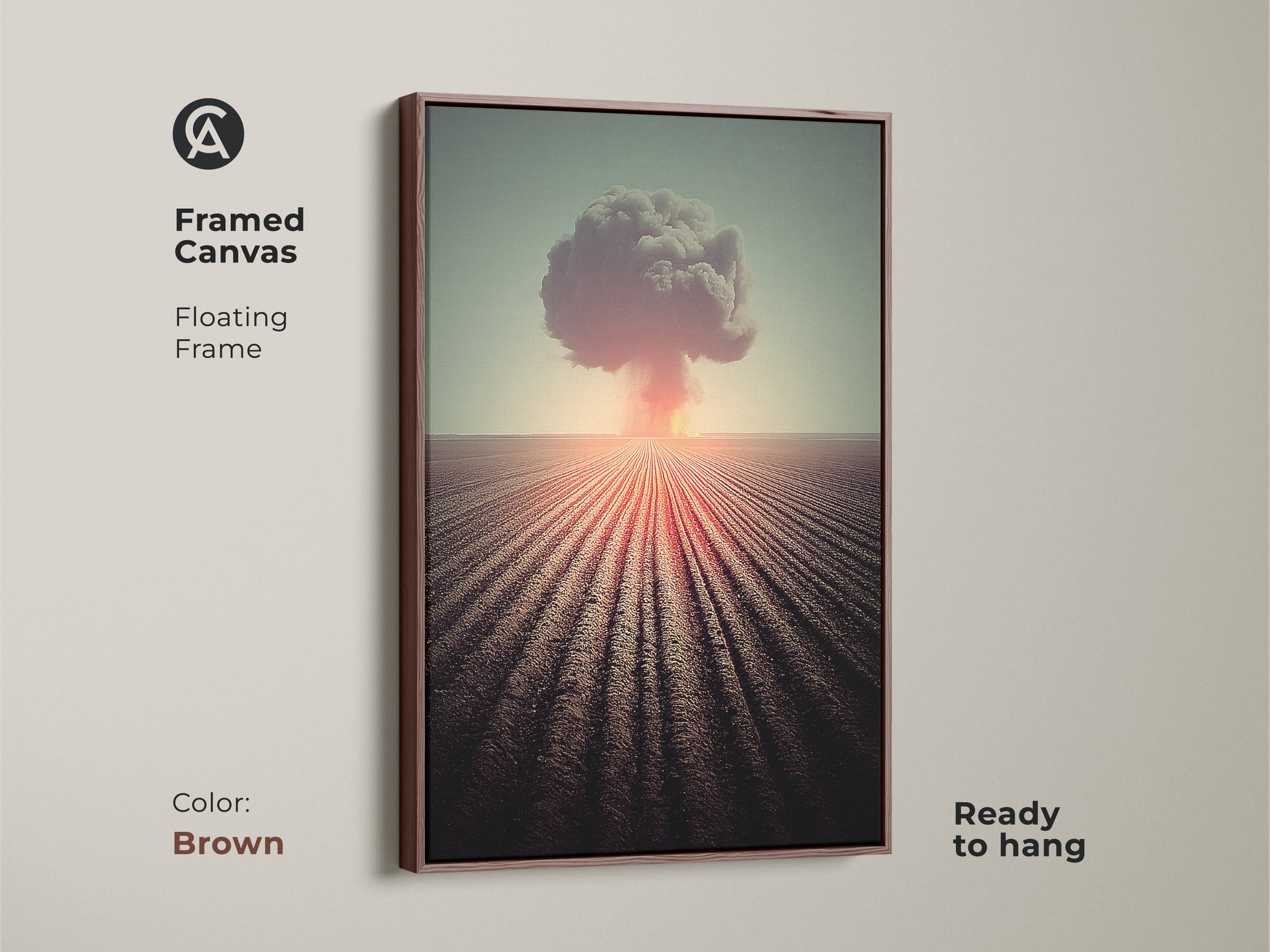 Showcasing a framed canvas featuring surreal nuclear explosion art. A brown floating frame complements the industrial style. Orange red and teal tones give a unique look. This ready-to-hang art is perfect for office decor. It's a great gift for history lovers. This artwork evokes vintage industrial decor.