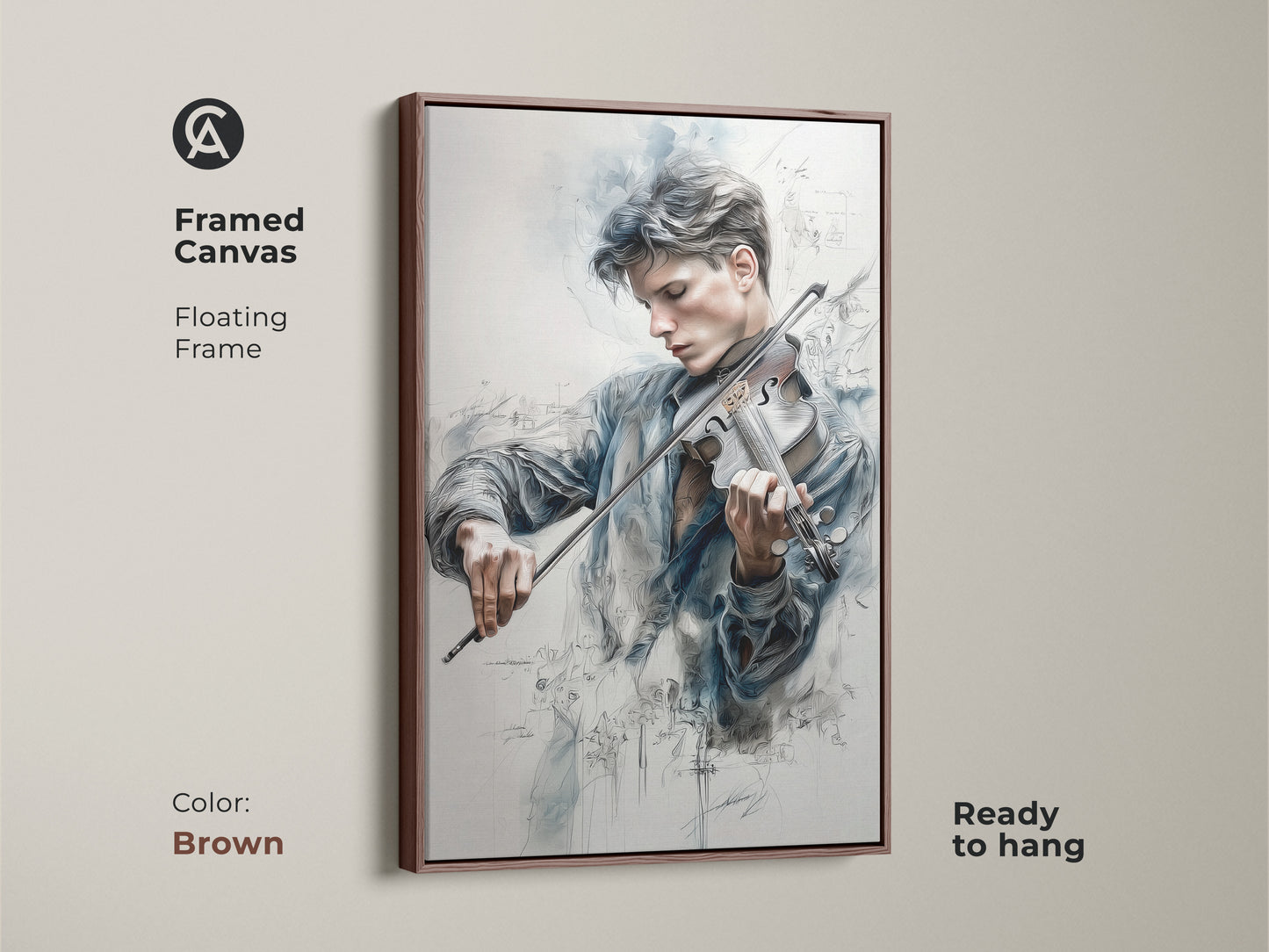 Framed canvas art of a young man playing the violin in a floating frame. The brown frame enhances the artwork's warmth. Faint musical notes surround the musician. This is a beautiful ready-to-hang piece.