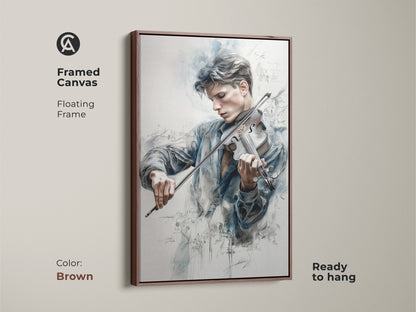 Framed canvas art of a young man playing the violin in a floating frame. The brown frame enhances the artwork's warmth. Faint musical notes surround the musician. This is a beautiful ready-to-hang piece.