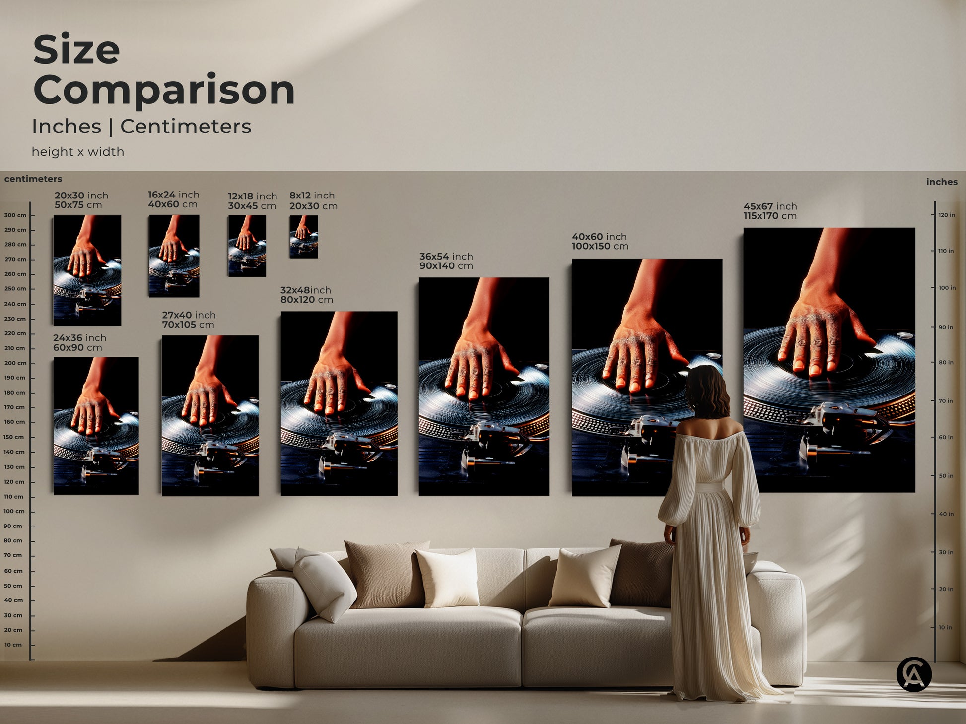 Size comparison of music wall art canvas and posters. See how the hand on turntable artwork fits above a sofa. Various sizes are displayed from small to large. Imagine this industrial loft decor in your home or office. The orange black and blue retro artwork adds a modern touch.