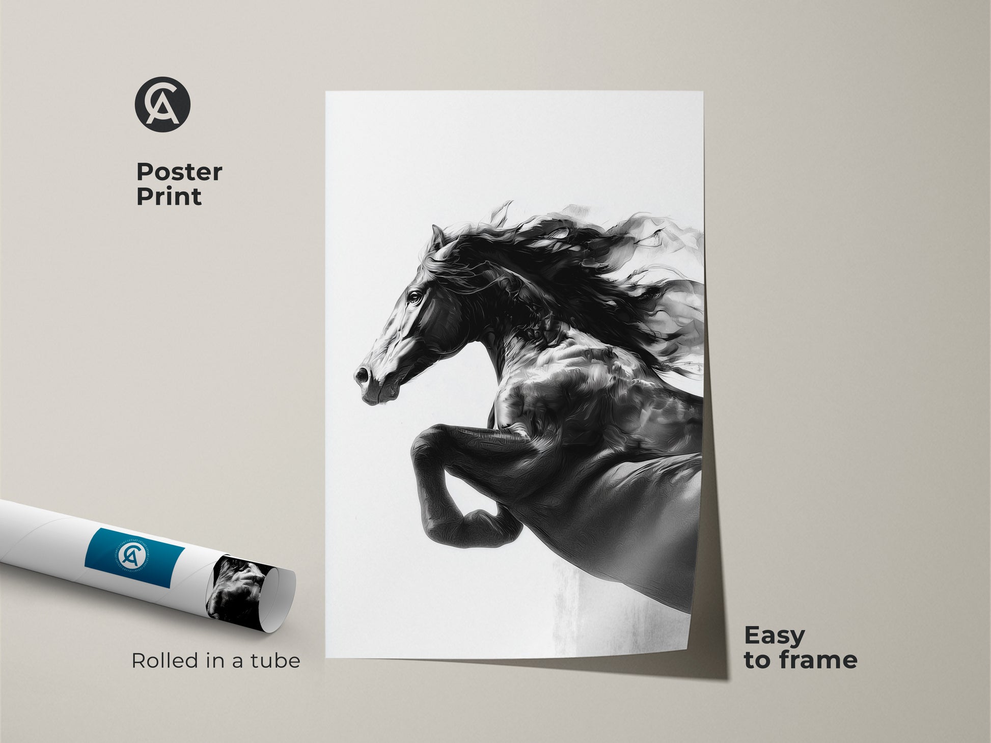 Monochrome horse art poster print rolled in a tube. This black and white stallion artwork is easy to frame. Contemporary animal decor suitable for any room. Perfect as a gift for horse lovers. Enjoy modern wildlife print in your home.