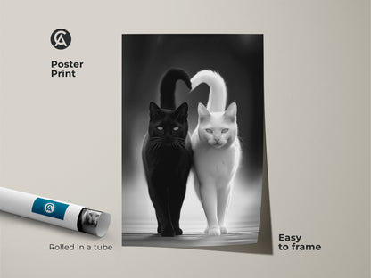 This is a Poster Print of minimalist cat wall art. It is easy to frame. The modern animal artwork features black and white cats. This monochrome cat poster is rolled in a tube. It is a unique cat painting for chic pet wall hanging. It will elevate your home decor with modern art.