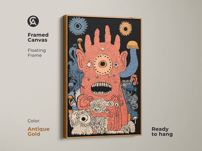 Framed canvas featuring abstract creature wall art. This orange and blue surreal print has a floating antique gold frame. This whimsical monster artwork is ready to hang. It will be a conversation starter as eclectic home decor art.