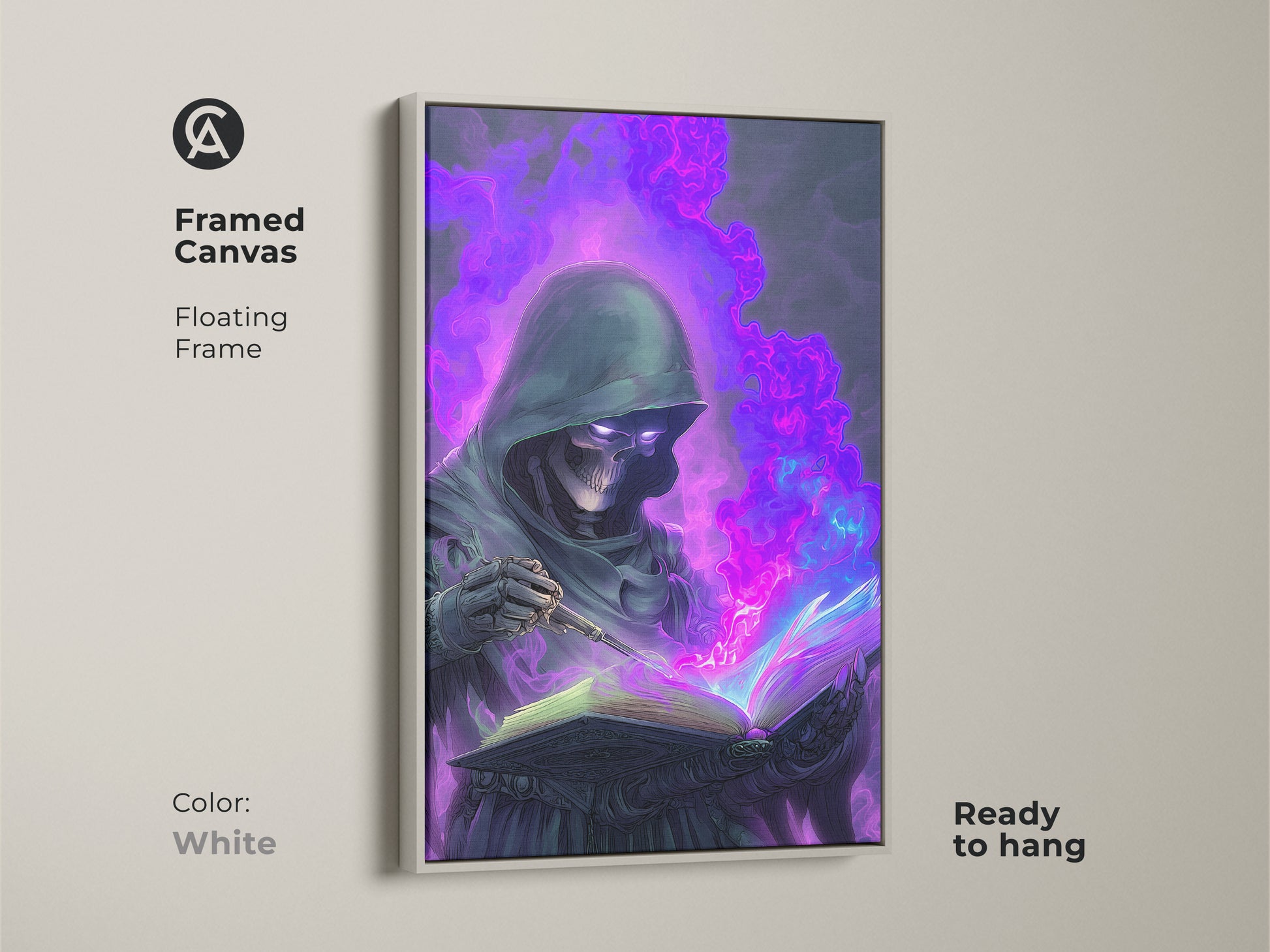 Framed Canvas of a Skeleton Mage engrossed in a Spellbook. The frame color is white. The artwork is Gothic Spellbook Wall Art. It is a Dark Fantasy Art Print with Purple and Blue Magic Decor.