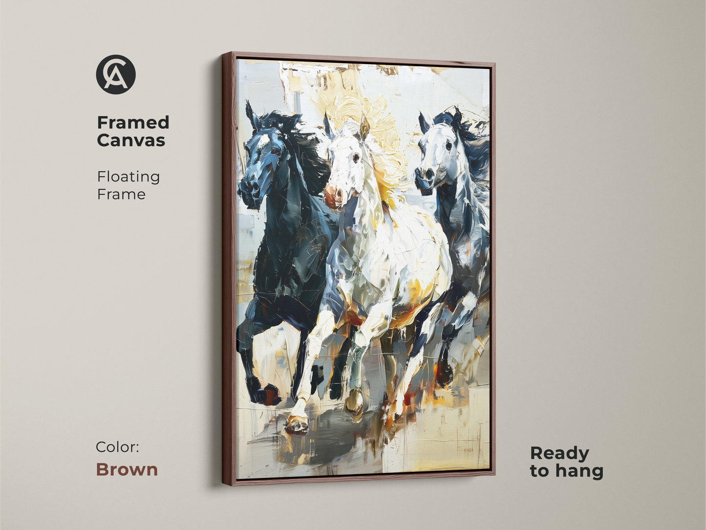 Enhance your home with this framed canvas art featuring an impressionistic horse print. A brown floating frame adds a rustic touch to the galloping horses artwork. Ready to hang this piece will bring an eclectic feel to your entry hall wall decor. Perfect for wildlife art lovers.