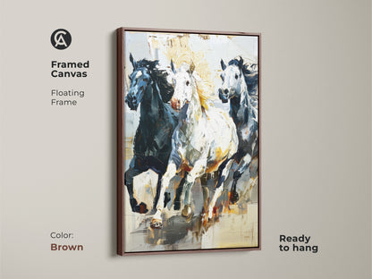 Enhance your home with this framed canvas art featuring an impressionistic horse print. A brown floating frame adds a rustic touch to the galloping horses artwork. Ready to hang this piece will bring an eclectic feel to your entry hall wall decor. Perfect for wildlife art lovers.