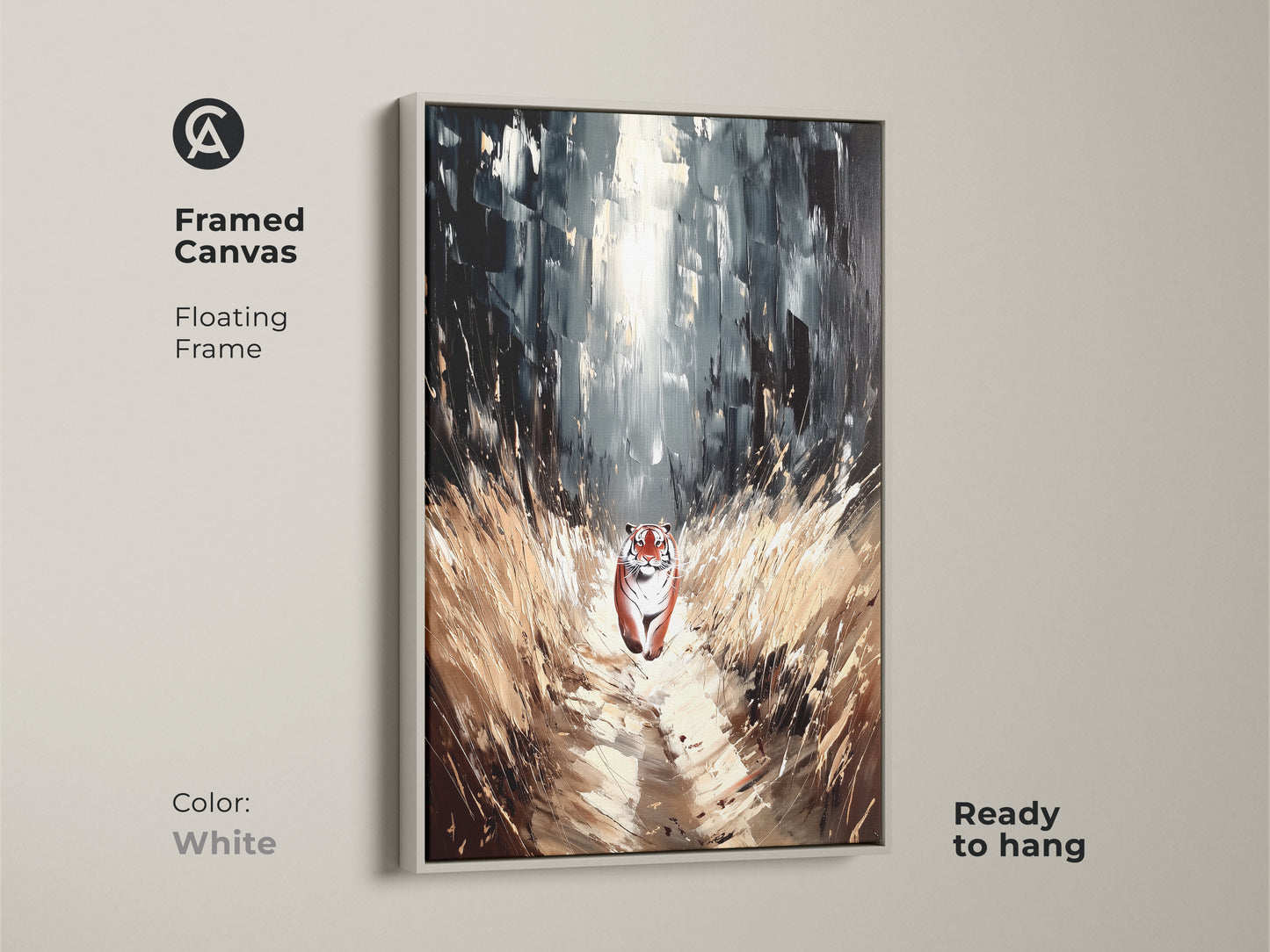 Framed Canvas of Tiger Forest Canvas Art. White floating frame color on wildlife wall decor. Animal lover gift art ready to hang.