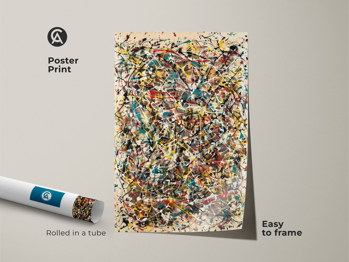 Poster print of abstract expressionism artwork. The museum-quality paper captures the dynamic paint splatters. Easy to frame this piece adds a bold modern statement to any room. Rolled in a protective tube.