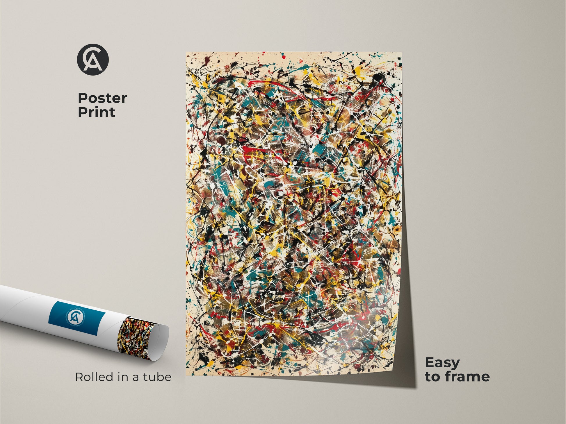 Poster print of abstract expressionism artwork. The museum-quality paper captures the dynamic paint splatters. Easy to frame this piece adds a bold modern statement to any room. Rolled in a protective tube.