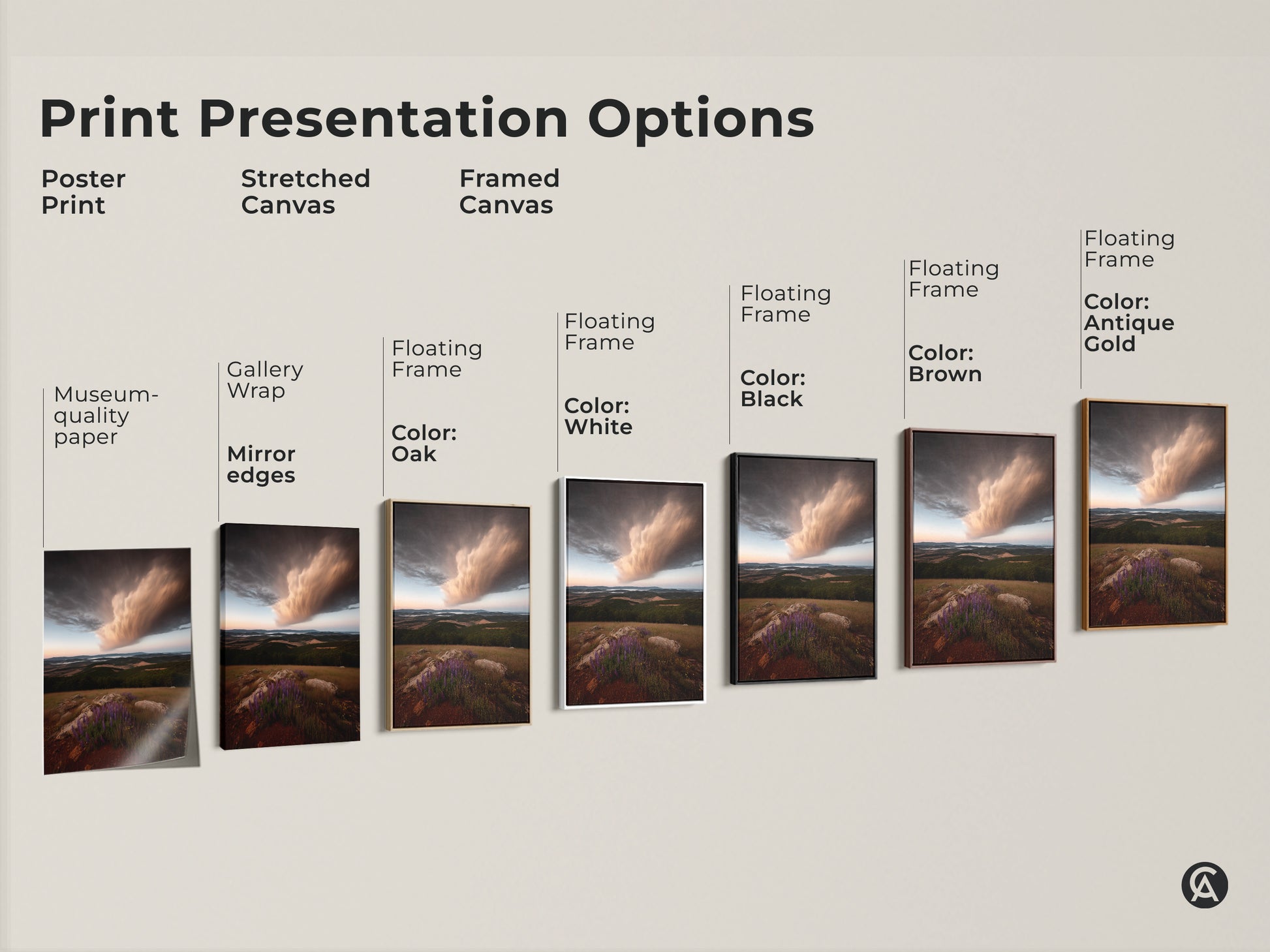 Print presentation options for a storm cloud and wildflower landscape. Choose from poster prints or stretched canvas. Framed canvas options in oak white black brown antique gold offer varied styles.