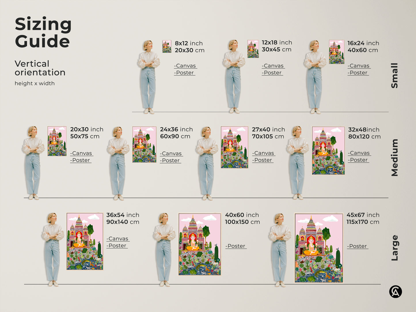 Sizing guide for vertical Ganesha artwork. Canvas and poster options shown in small medium and large sizes. Find the perfect fit with the sizing guide for this vibrant Ganesha canvas print. Eclectic zebra and botanical wall decor sizes range. Add spiritual folk art to any space today.