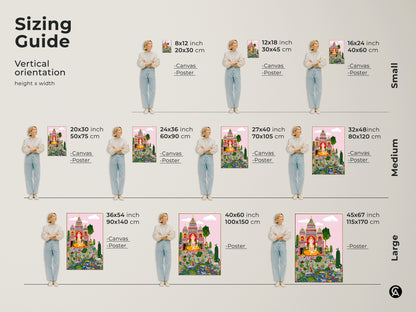 Sizing guide for vertical Ganesha artwork. Canvas and poster options shown in small medium and large sizes. Find the perfect fit with the sizing guide for this vibrant Ganesha canvas print. Eclectic zebra and botanical wall decor sizes range. Add spiritual folk art to any space today.