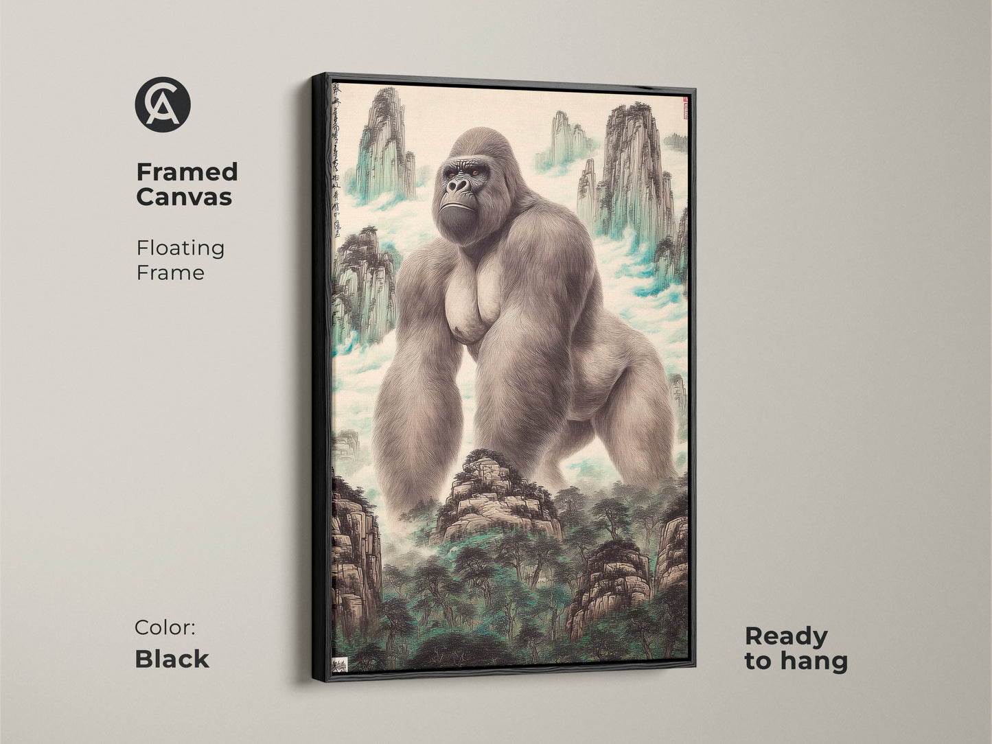 Framed canvas showcasing a gorilla in a Chinese ink wash mountain landscape. This animal art for the office features a floating black frame and is ready to hang. This wildlife wall decor enhances study rooms and eclectic spaces. It makes a fine art print gift for animal lovers or a statement piece for gallery walls. Enjoy this collectible nature art.