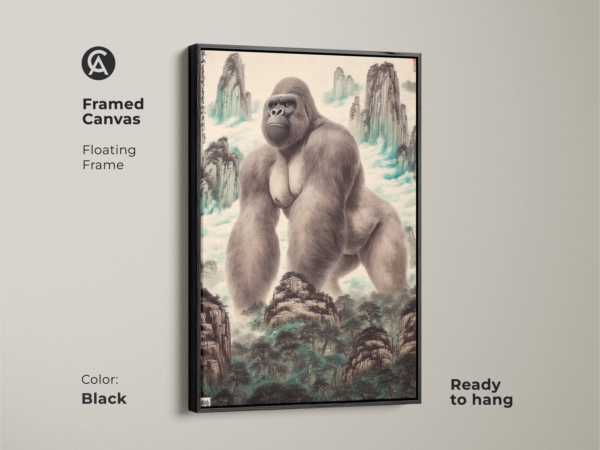 Framed canvas showcasing a gorilla in a Chinese ink wash mountain landscape. This animal art for the office features a floating black frame and is ready to hang. This wildlife wall decor enhances study rooms and eclectic spaces. It makes a fine art print gift for animal lovers or a statement piece for gallery walls. Enjoy this collectible nature art.