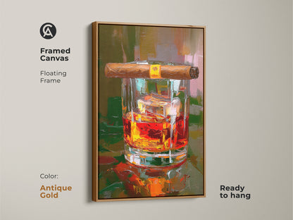 This framed canvas displays amber orange whiskey and cigar art in a floating antique gold frame. It's ready to hang. The specialty bar print adds a touch of luxury to any space. This bourbon drink lifestyle artwork is perfect for a modern home bar. A great gift for whiskey lovers.