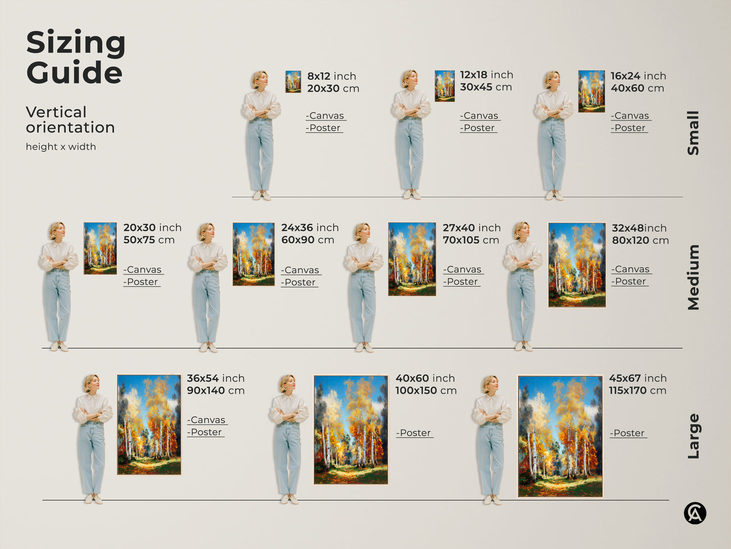 Sizing guide for birch tree artwork. Find vertical orientation art in various sizes. Choose from canvas or poster prints. Small medium and large sizes available. Find the perfect fit for your space. Transform your home with stunning art.