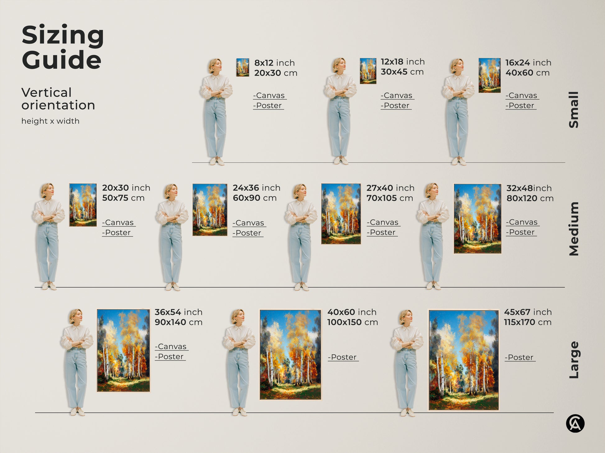 Sizing guide for birch tree artwork. Find vertical orientation art in various sizes. Choose from canvas or poster prints. Small medium and large sizes available. Find the perfect fit for your space. Transform your home with stunning art.