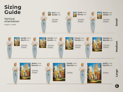 Sizing guide for birch tree artwork. Find vertical orientation art in various sizes. Choose from canvas or poster prints. Small medium and large sizes available. Find the perfect fit for your space. Transform your home with stunning art.
