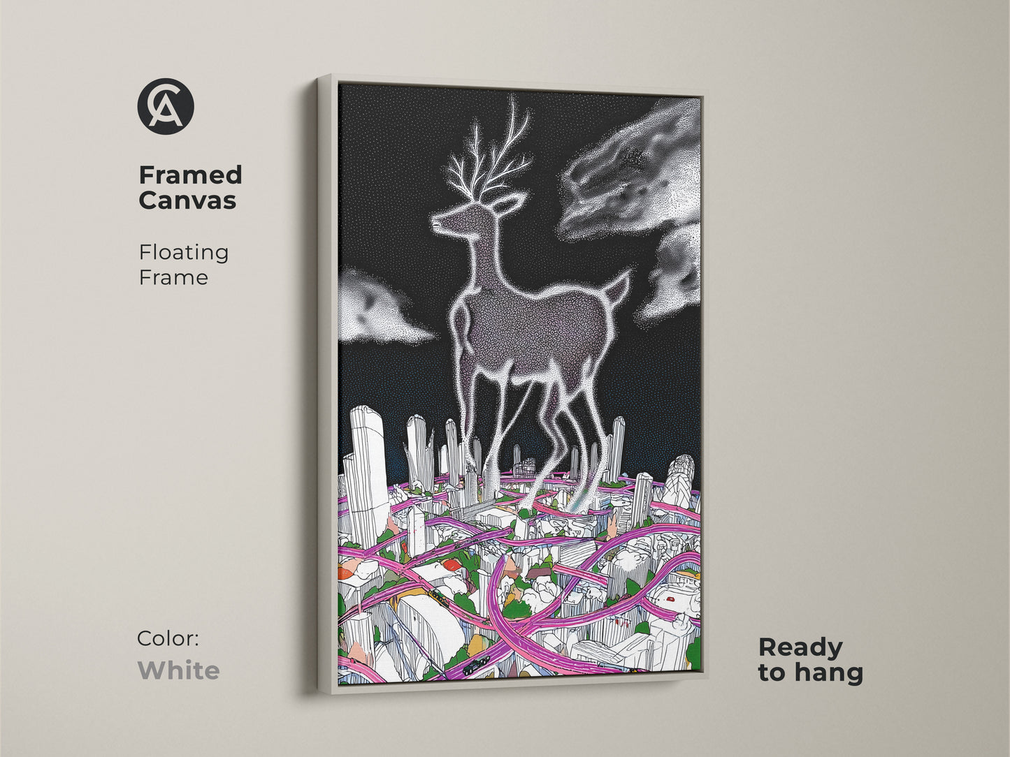 Framed canvas art of a surreal deer cityscape with a white floating frame. A contemporary artwork featuring a deer over a cityscape. The black and white with pink line art creates a modern aesthetic. It is perfect for adding a unique touch to any room.
