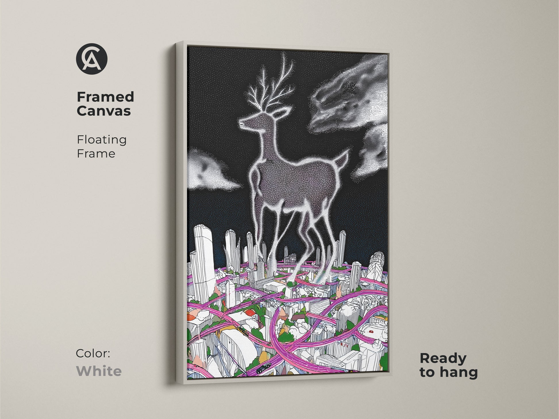 Framed canvas art of a surreal deer cityscape with a white floating frame. A contemporary artwork featuring a deer over a cityscape. The black and white with pink line art creates a modern aesthetic. It is perfect for adding a unique touch to any room.
