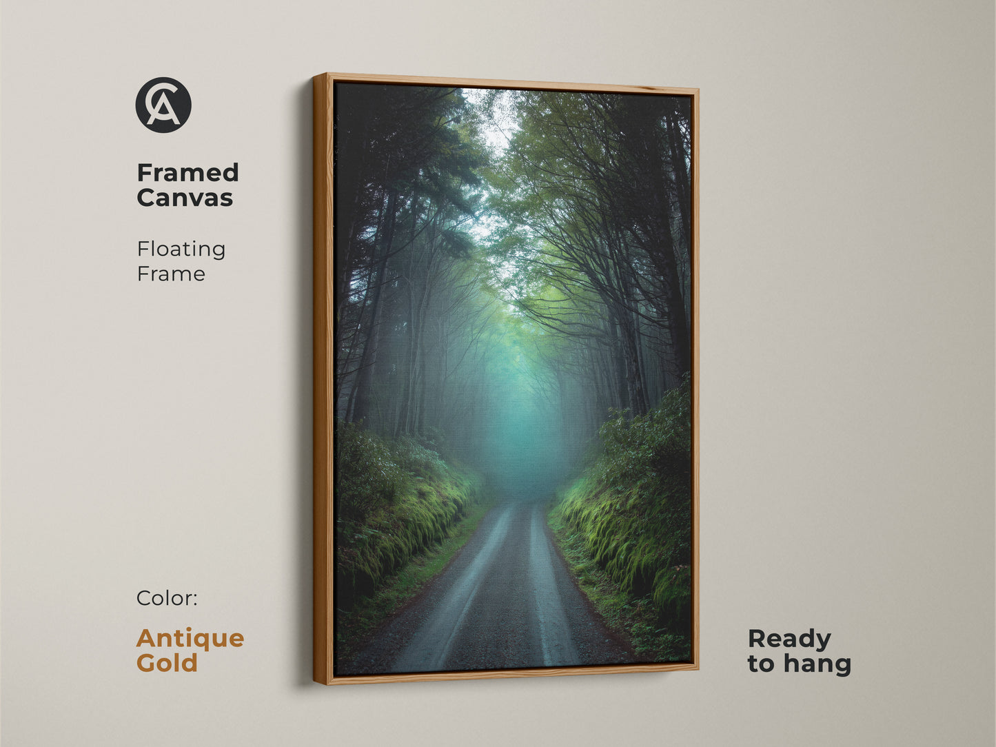 Framed canvas art featuring a misty forest road in an antique gold floating frame. This dark green teal nature landscape artwork adds rustic charm to your home. Ready to hang this print showcases foggy trees. It brings a serene atmospheric forest scene to your living space. A thoughtful gift